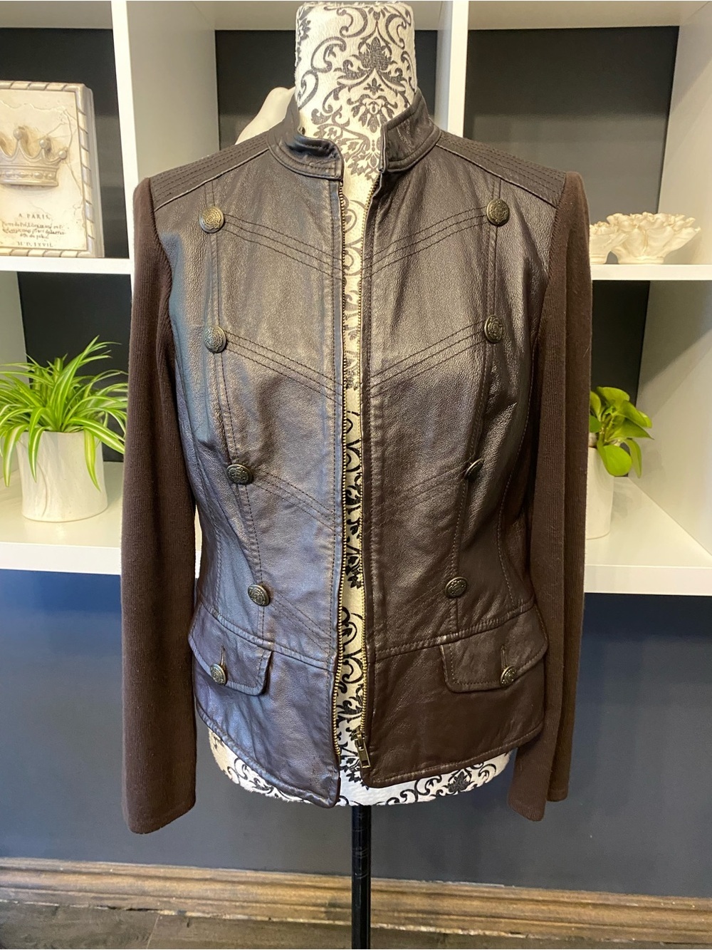 Excellent Condition Vintage Leather Bianca Nygard Brown Military-Style Jacket M
